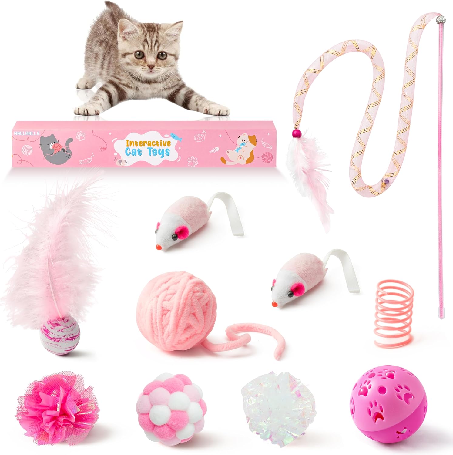 MALLMALL6 10 Piece Interactive Cat Toy Set pink variety pack front view