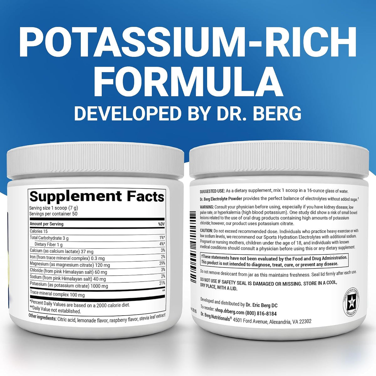 Dr. Berg Zero Sugar Electrolyte Powder raspberry lemon flavor nutritional facts label.