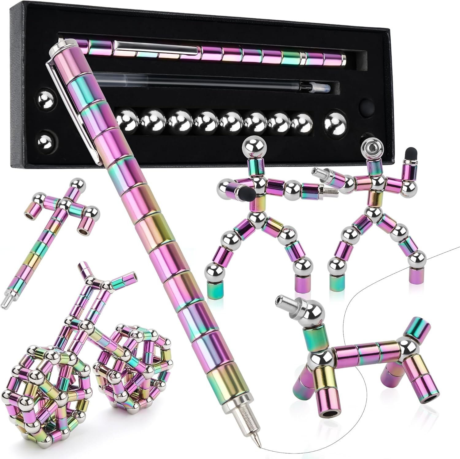 Puxmrko magnetic fidget pen rainbow color front view showcasing modular alloy rings assembled as a writing instrument