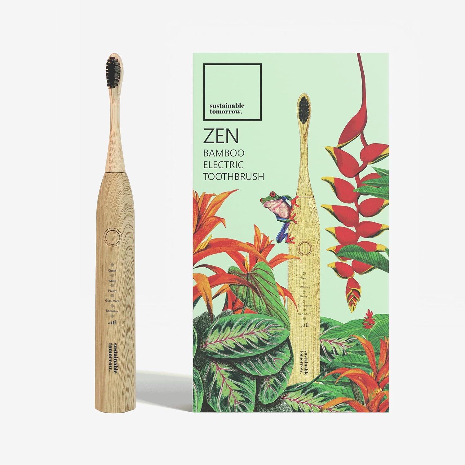 Sustainable Tomorrow Zen Bamboo Electric Toothbrush front view highlighting the natural wood grain finish handle.