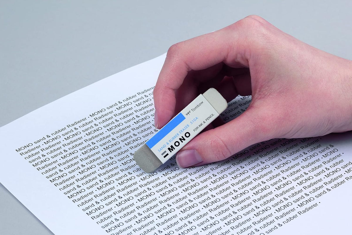 Tombow dual-ended eraser showing protective blue and white sleeve
