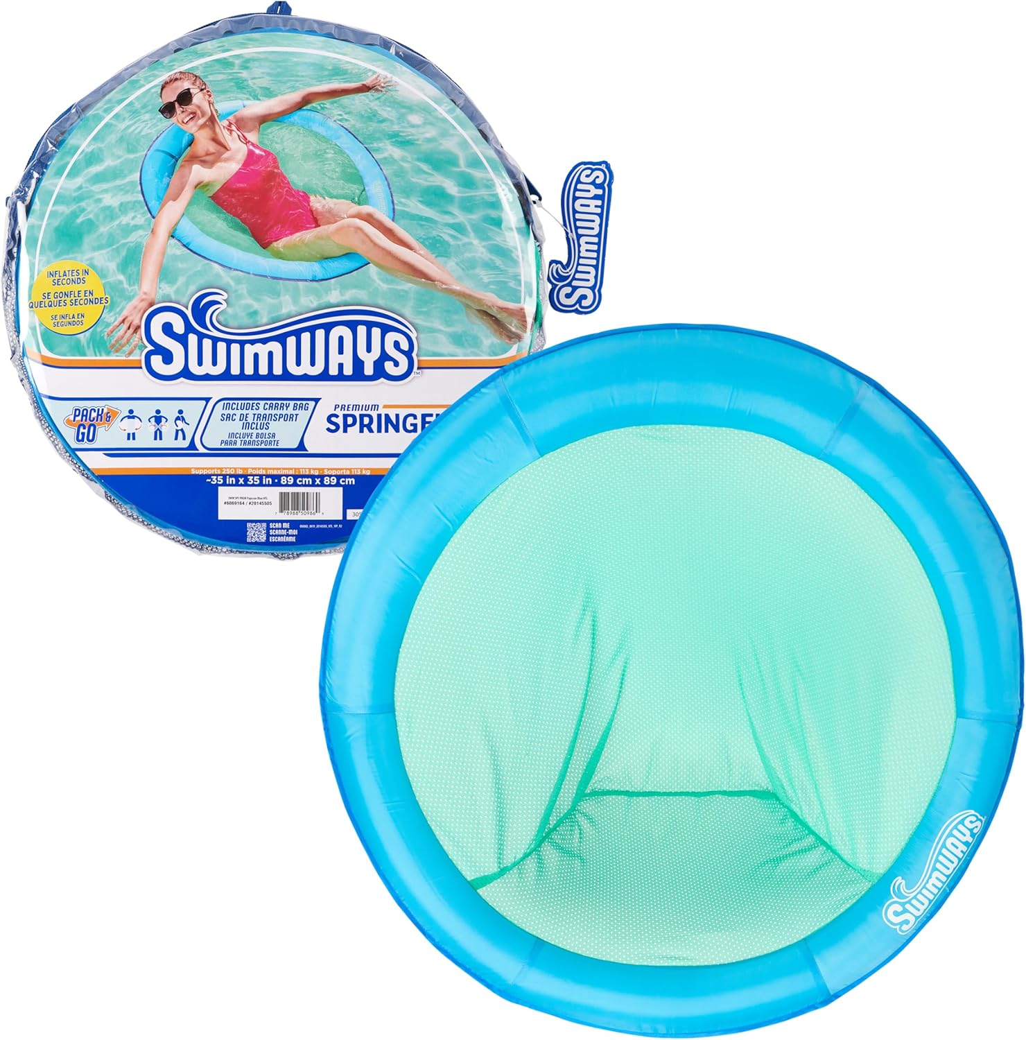SwimWays Spring Float Premium Papasan Pool Lounger sky blue front view floating on clean water.