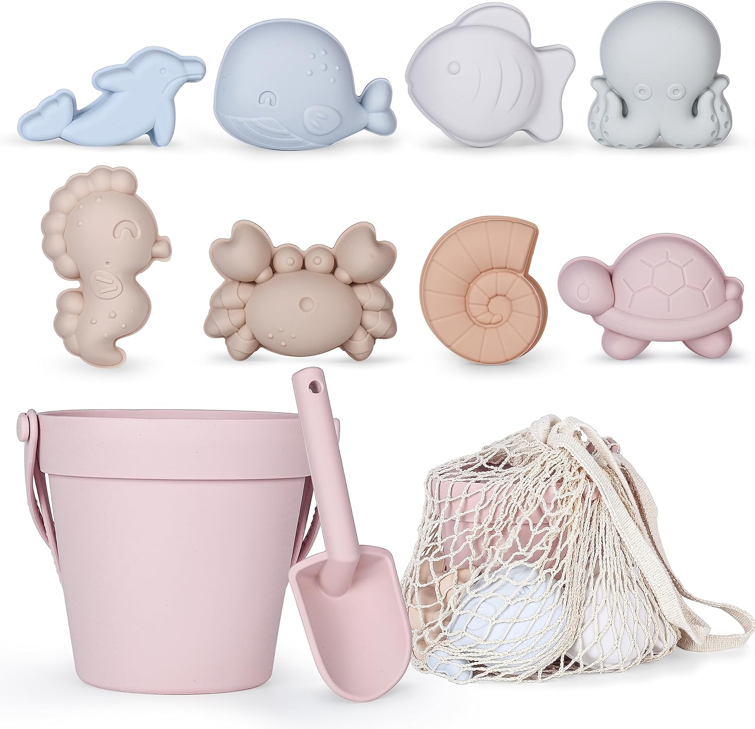 MarcZero 11 piece silicone beach toy set in pink with bucket and shovel
