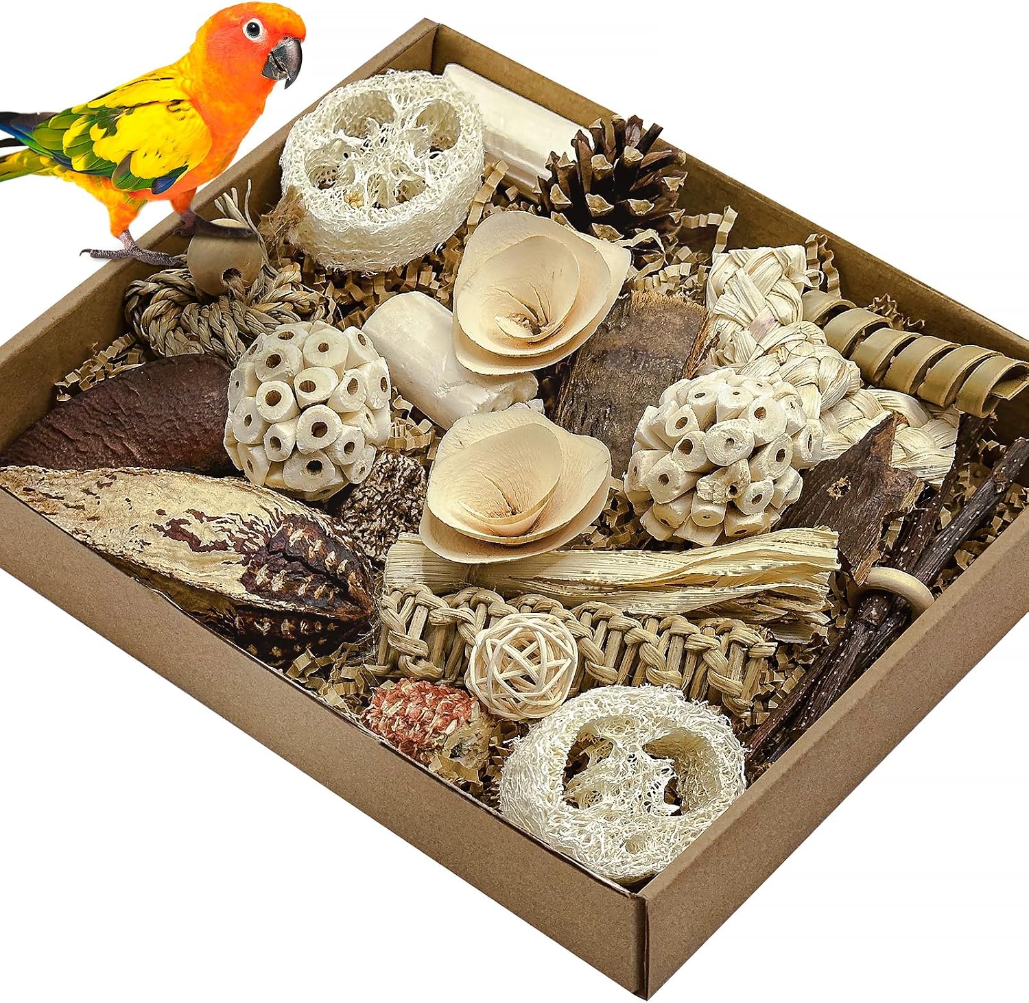 LOPERDEVE Natural Bird Toy Foraging Box front view filled with eco friendly shredding materials.