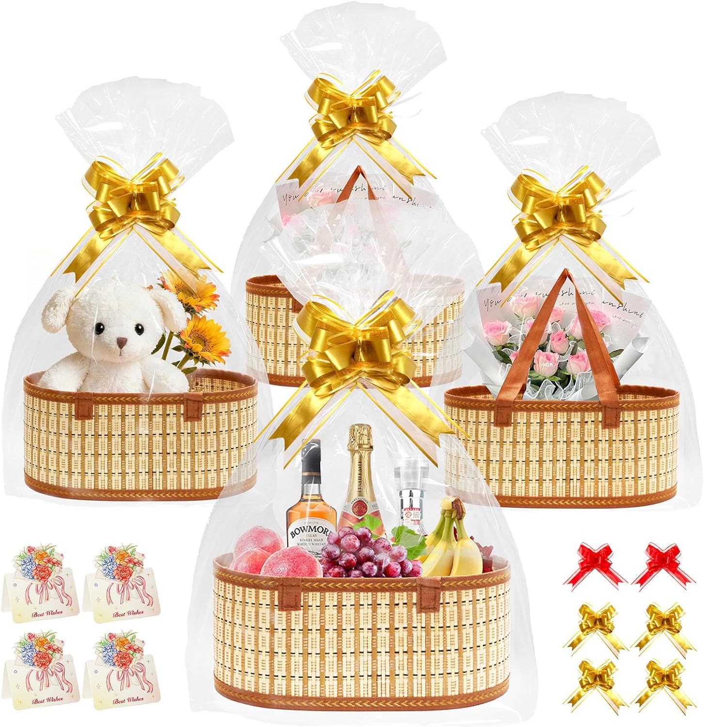 Mapaim bamboo woven empty gift baskets set of 4 front view with wrapping kits