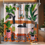 Fowocu funny cat shower curtain front view featuring whimsical black cats boho bathroom decor