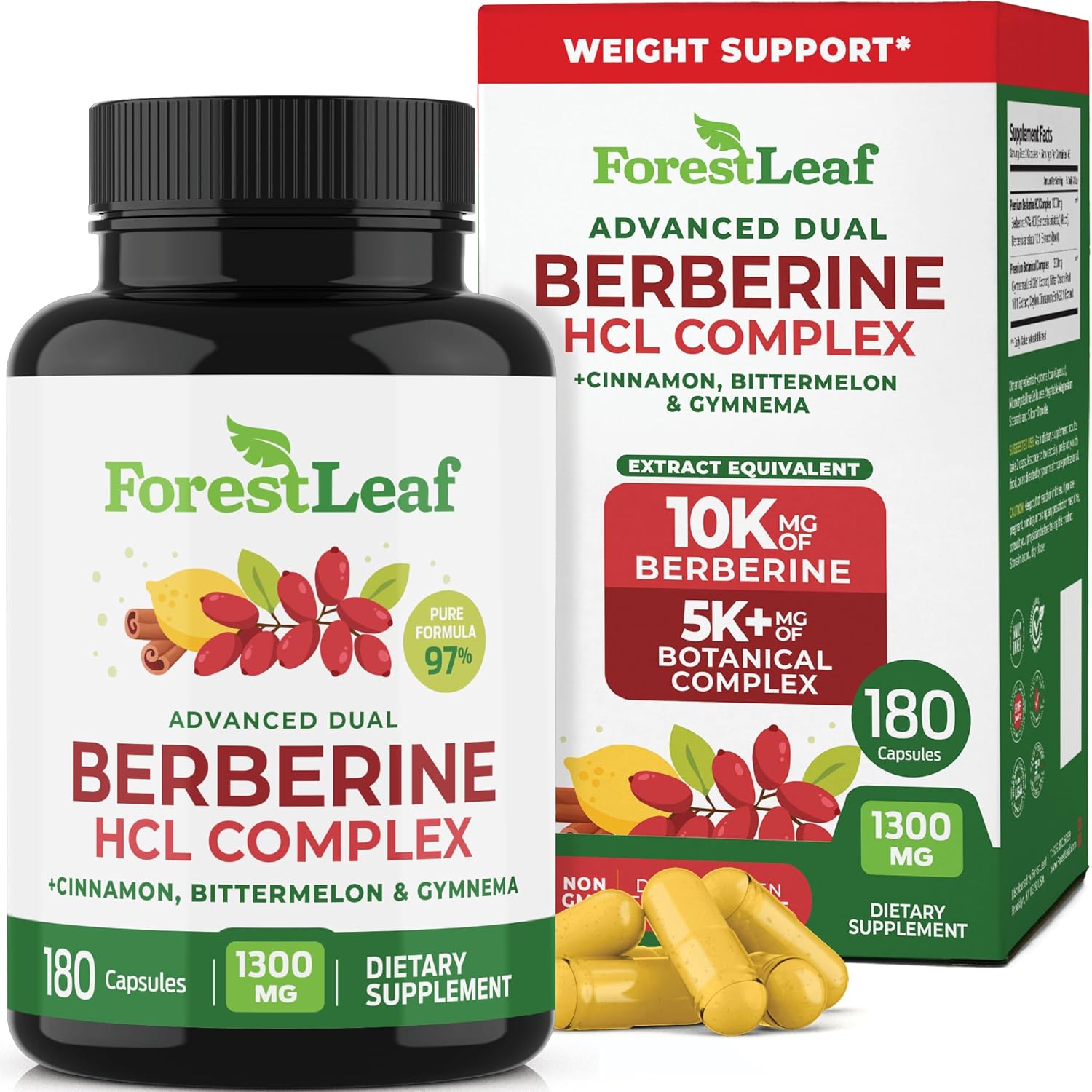 ForestLeaf Berberine Supplement - 1300mg per Serving - Ultra High Potency Berberine HCl with Ceylon Cinnamon, Bitter Melon & Gymnema - GLP-1 Weight Management Support - 180 Caps - Image 1