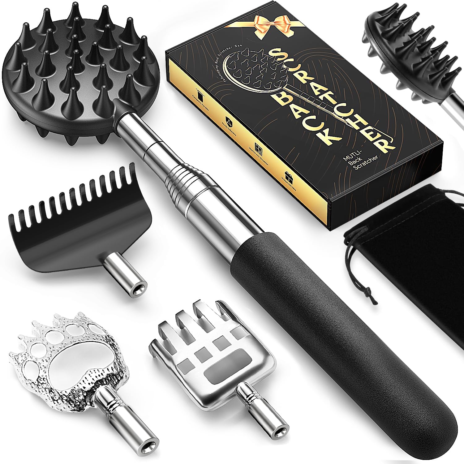 Tukuos telescoping back scratcher set front view with five interchangeable heads