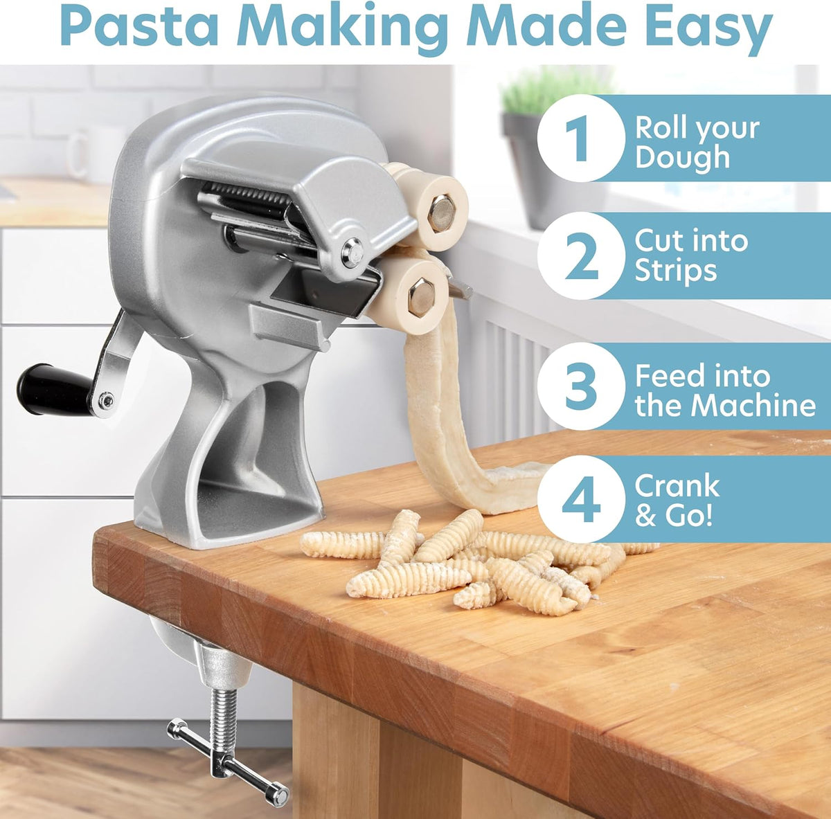 Close up of easy clean metal rollers on cavatelli machine
