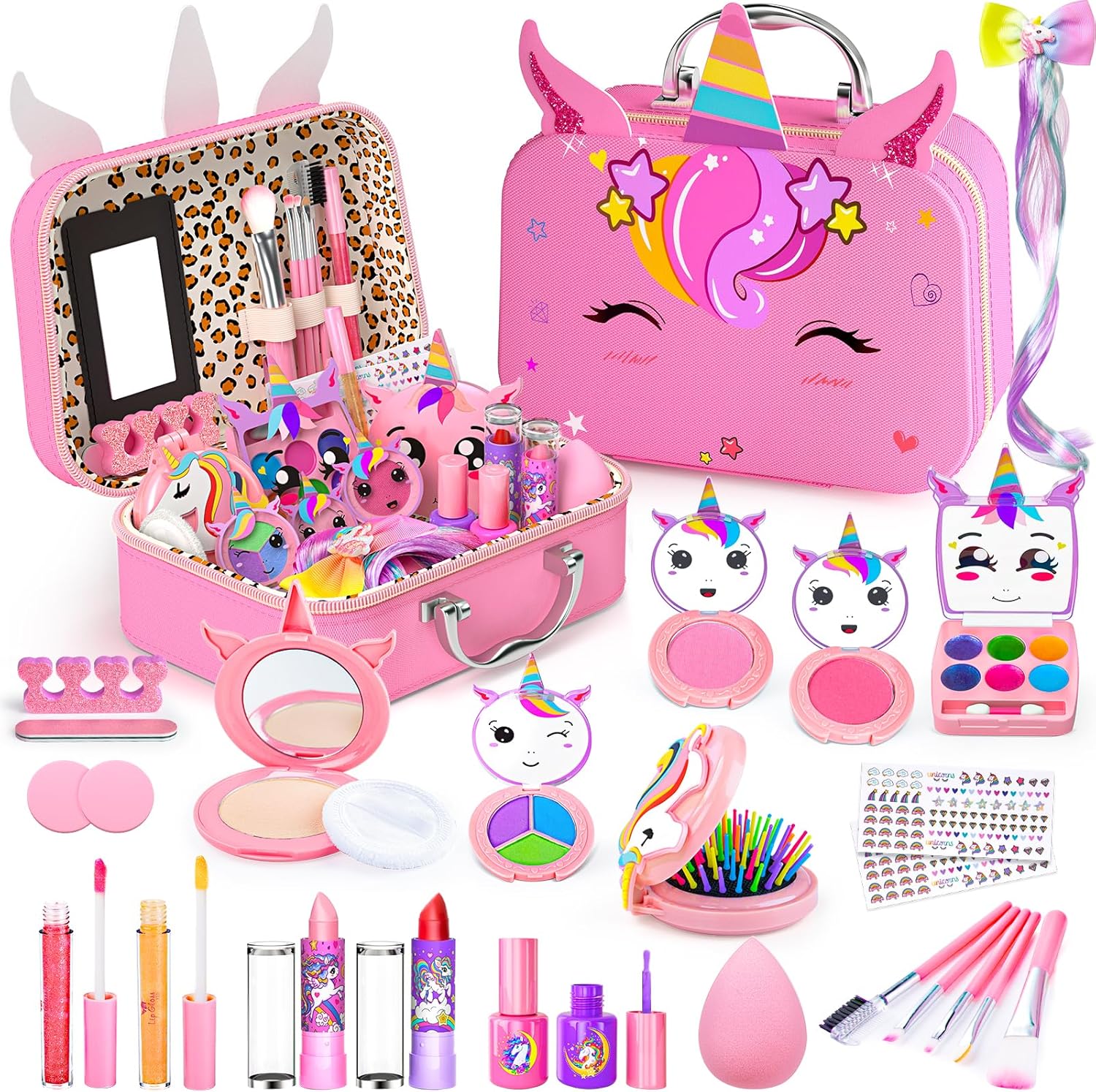 Kidology kids makeup kit front view showing pink unicorn suitcase vanity box.