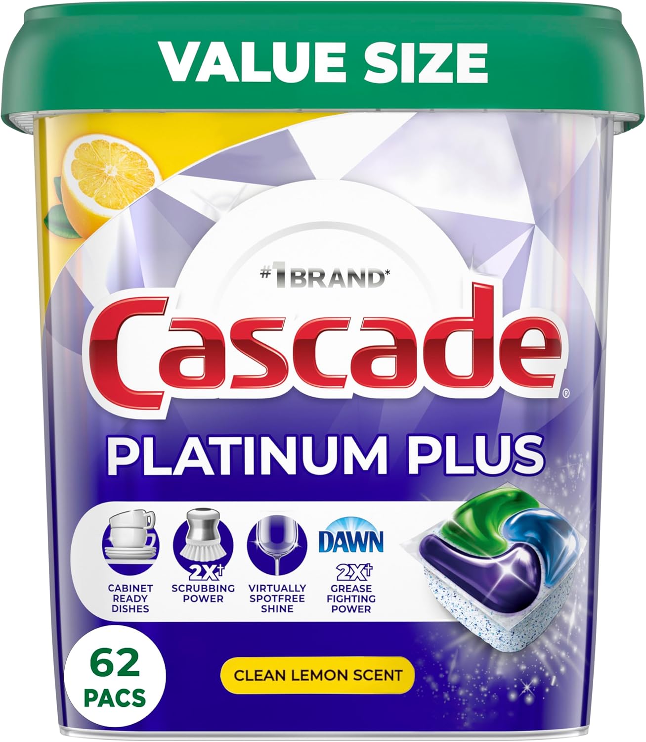 Cascade Platinum Plus Dishwasher Pods, Dishwasher Detergent, Dishwasher Soap, Dish Tabs, Dishwashing Tablets, Dish Detergent, Lemon, Actionpacs, 62 Count - Image 1