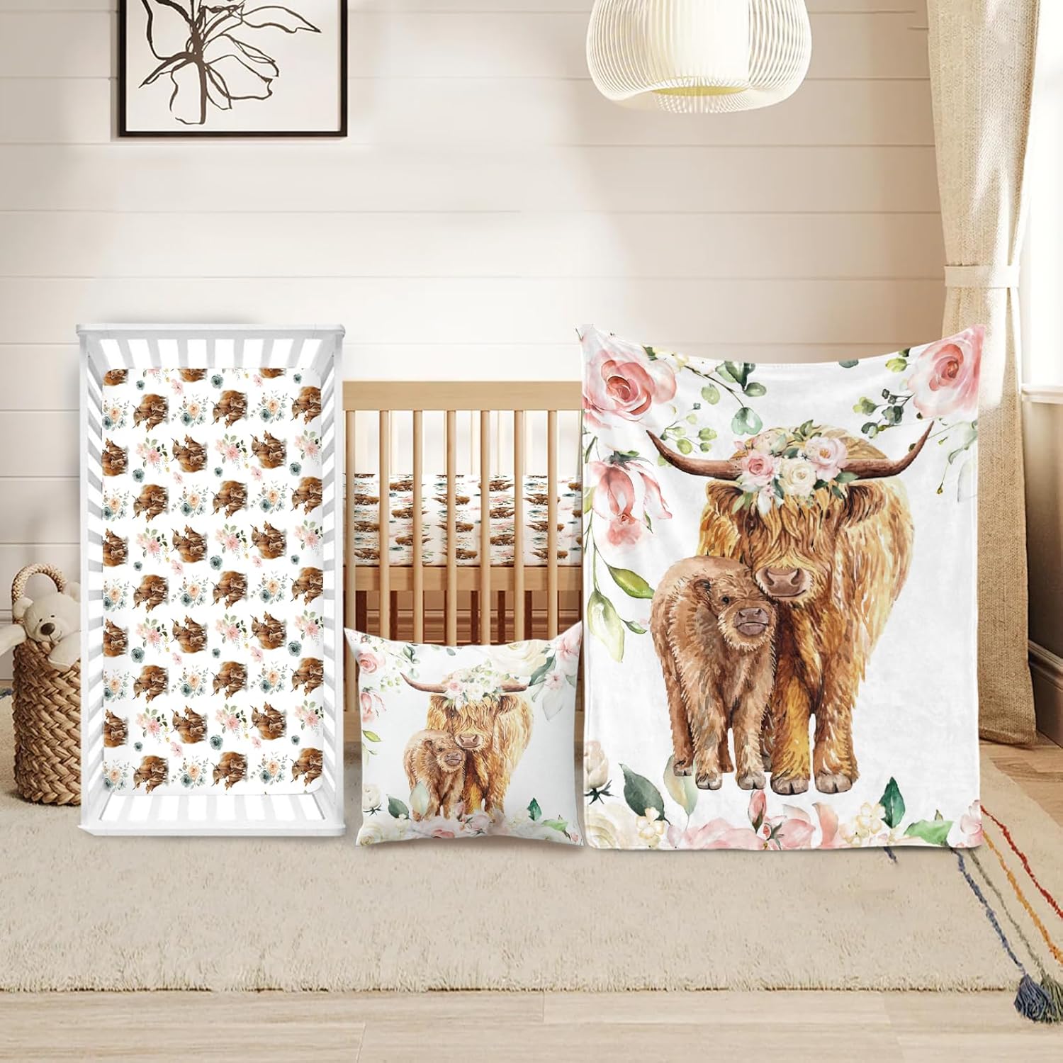 Duckbe baby crib bedding set front view showcasing the full three pieces highland cow design layout.