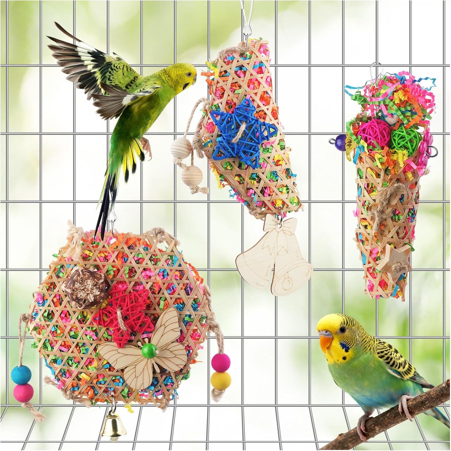 Matutinus bird foraging toy front view hanging inside a parrot cage