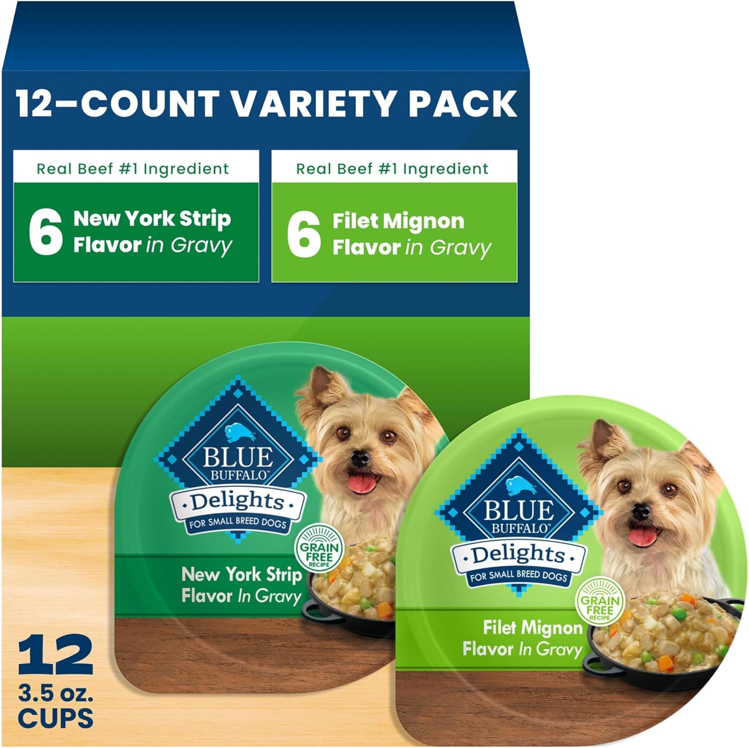 Blue Buffalo Delights Small Breed Wet Dog Food Variety Pack front view of packaging box