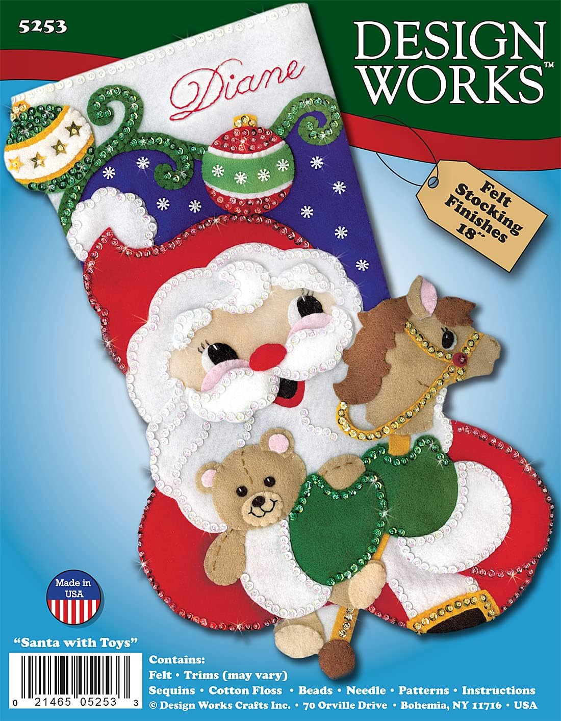 Close-up of the pre-stamped felt components and colorful sequins included in the craft set.
