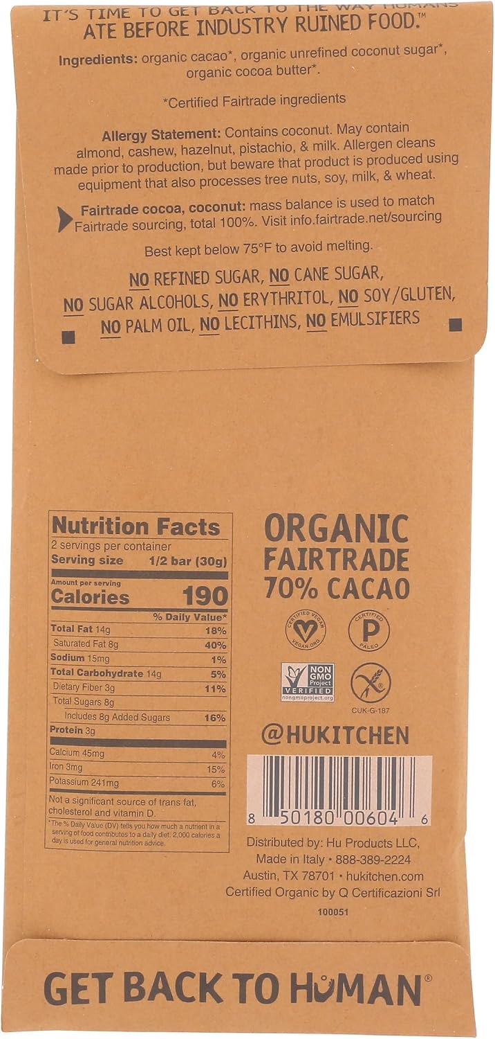 Hu Kitchen Simple Dark Chocolate seventy percent cacao organic bar