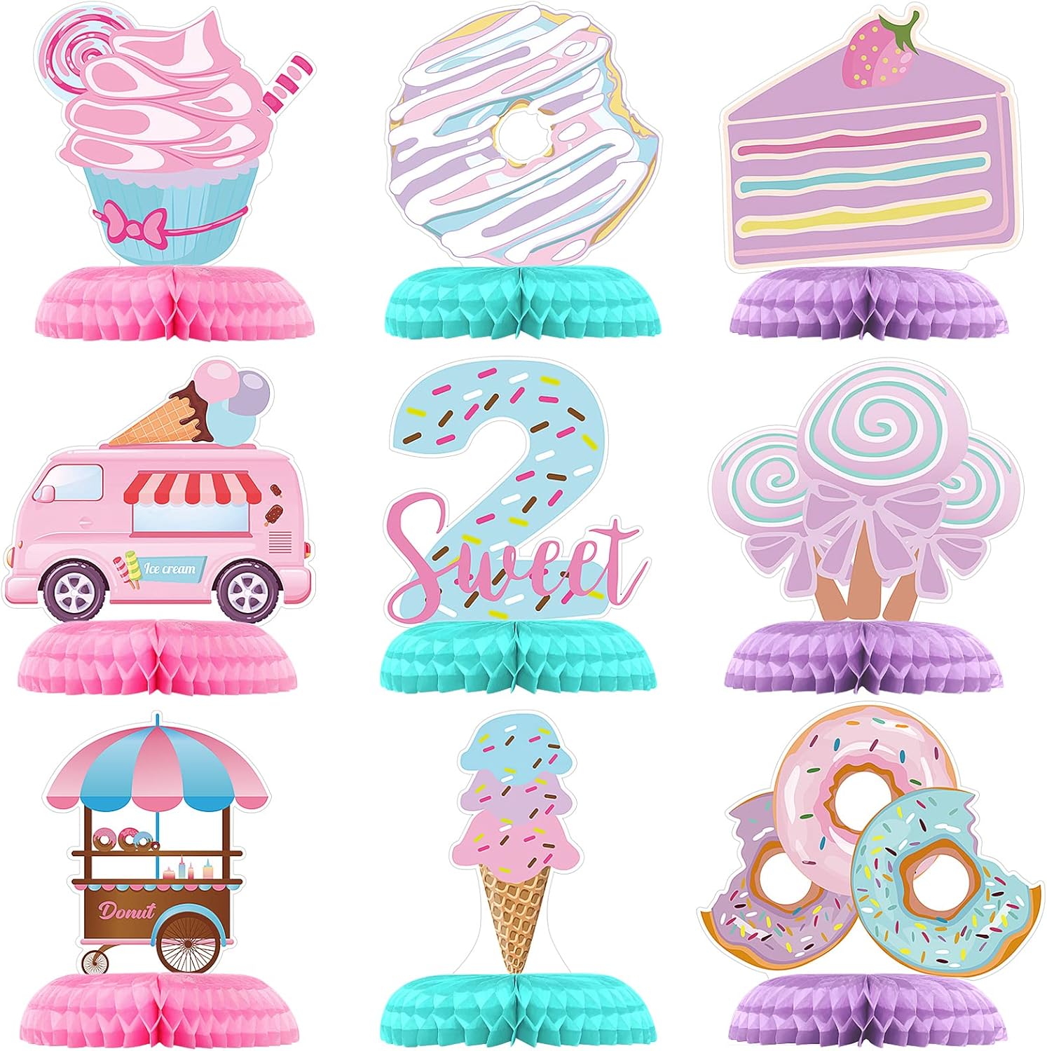 Hotop 9 pieces donut birthday honeycomb centerpieces front view