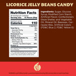 Glossy black anise flavored jelly beans piled in a glass jar