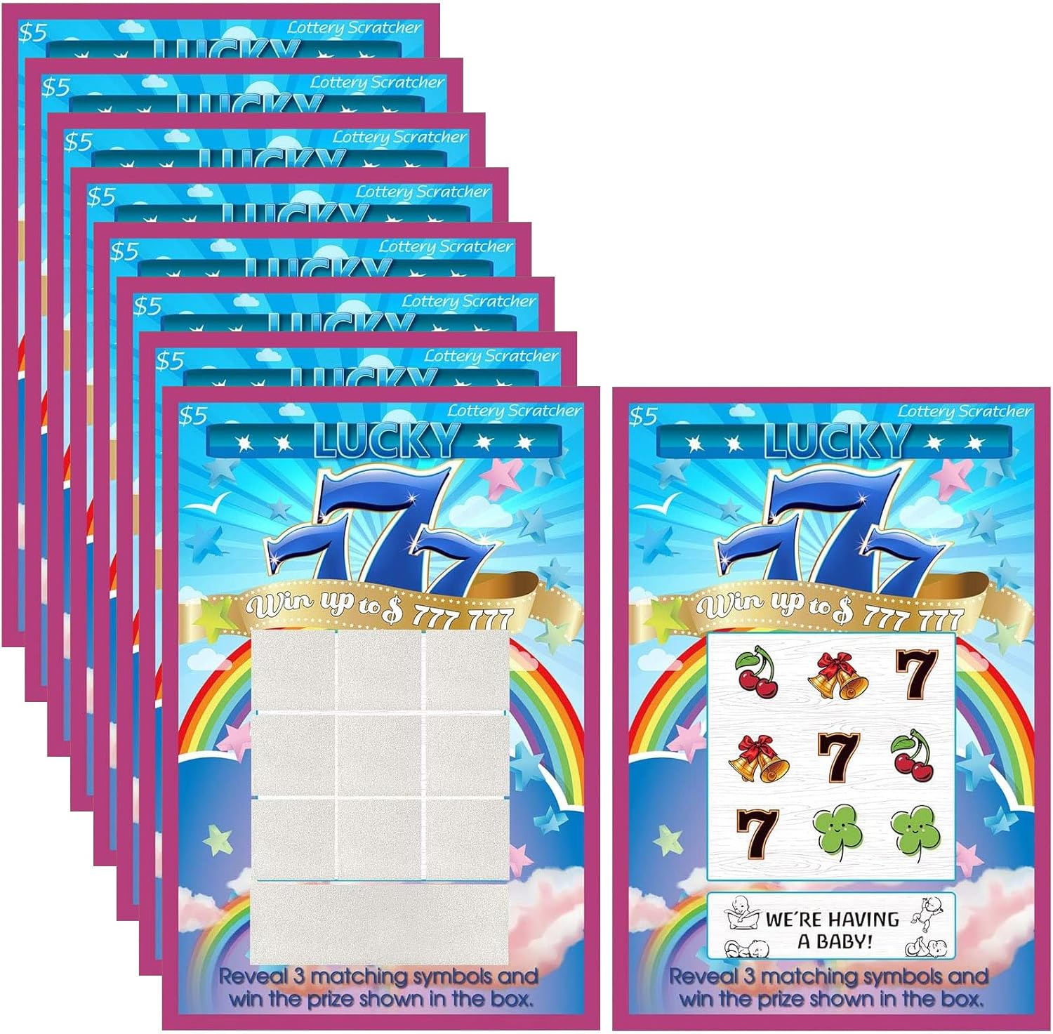 Frienda pregnancy announcement scratch off cards front view of baby reveal lottery ticket