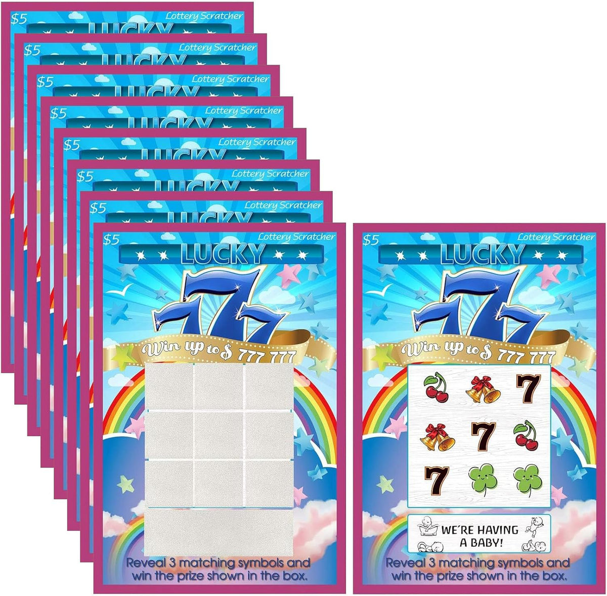 Frienda pregnancy announcement scratch off cards front view of baby reveal lottery ticket