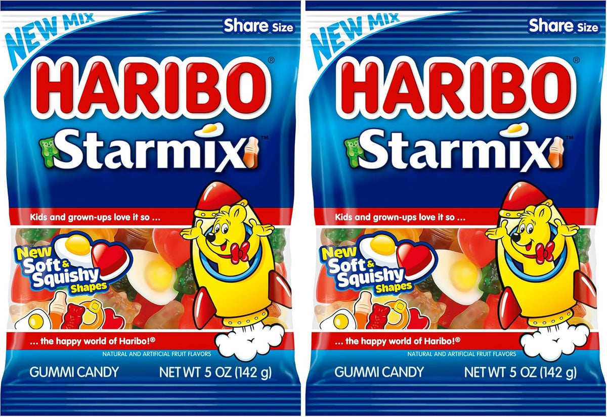Haribo original gummy bears packaging showing the distinct clear pineapple and red raspberry flavors.
