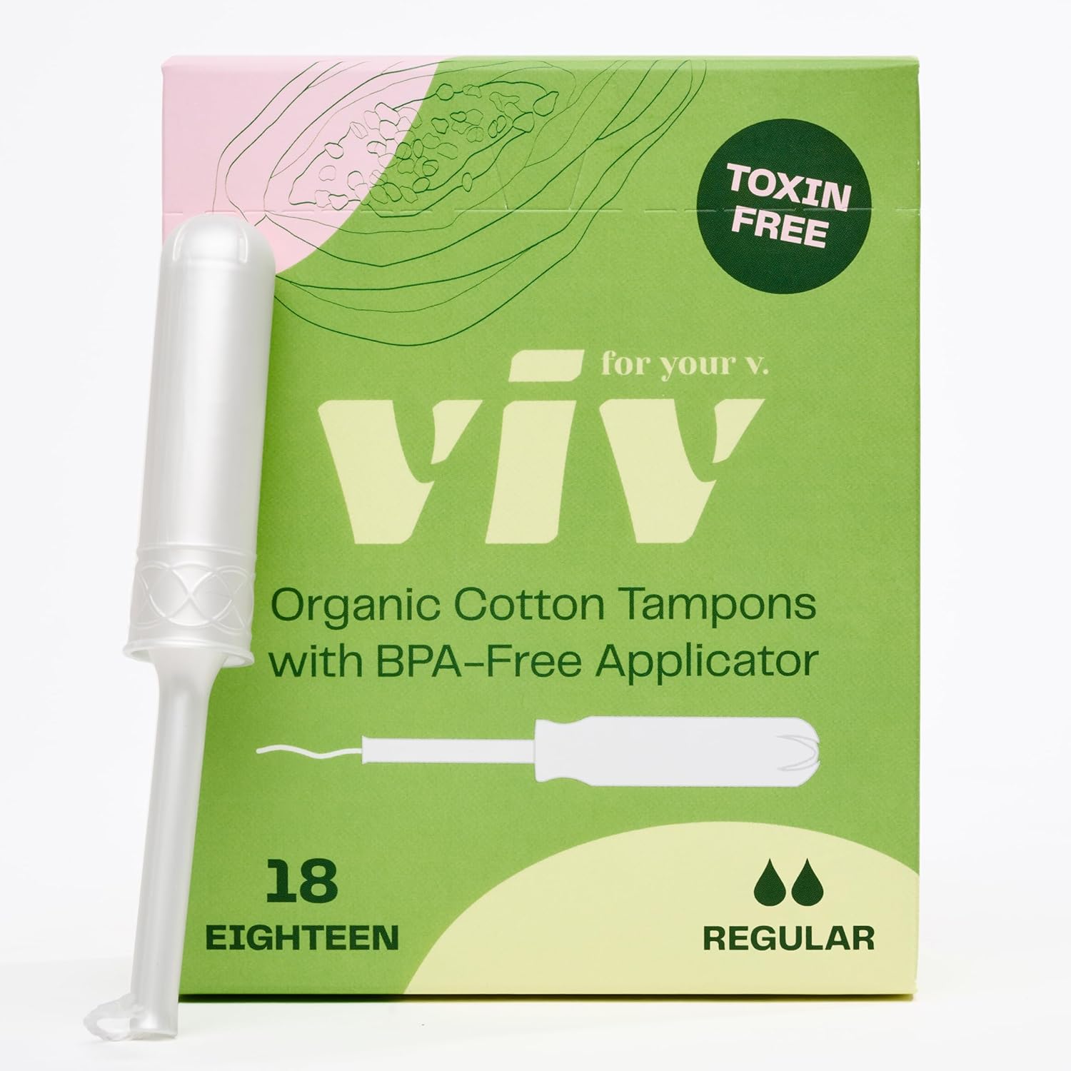 Viv for Your V Organic Cotton Tampons Regular, BPA-Free Applicator, Non-Toxic Tampons, Fragrance Free, HSA FSA Approved, 18 Count - Image 1