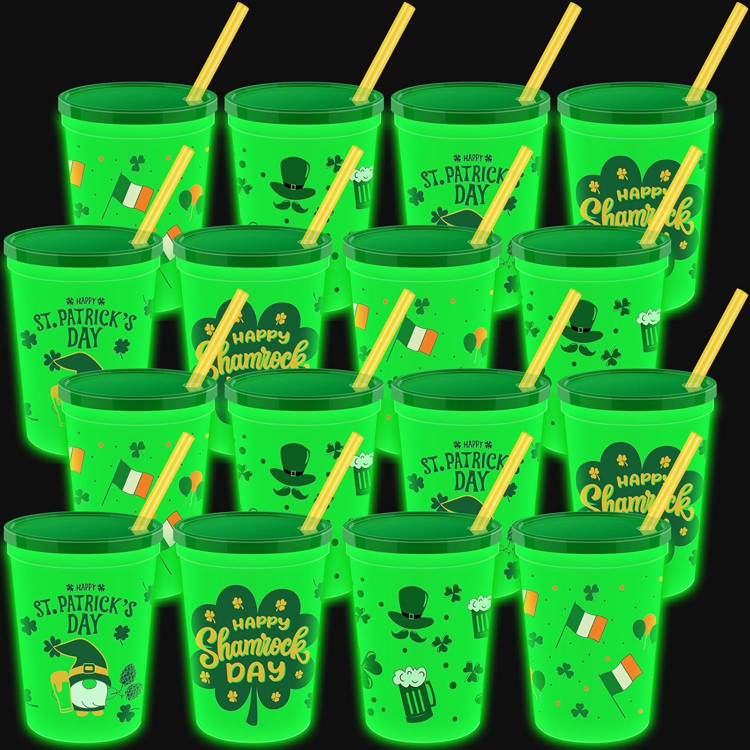 Widecook 16 sets St Patrick's Day glow in the dark cups front view