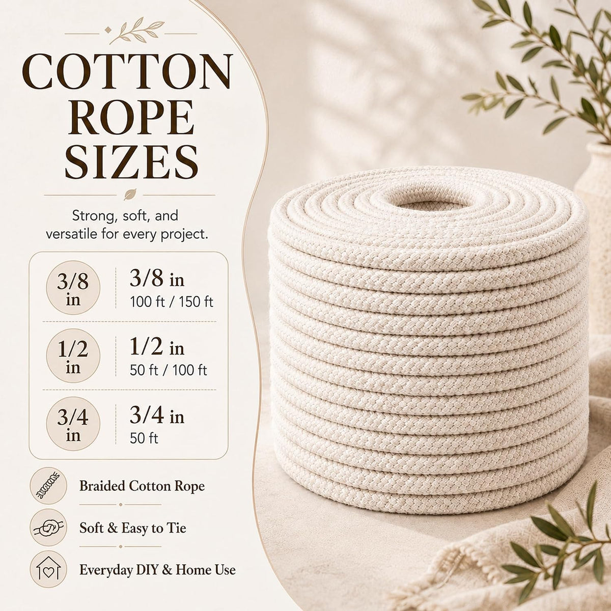 Close up view of Yuzenet natural soft utility rope braided texture