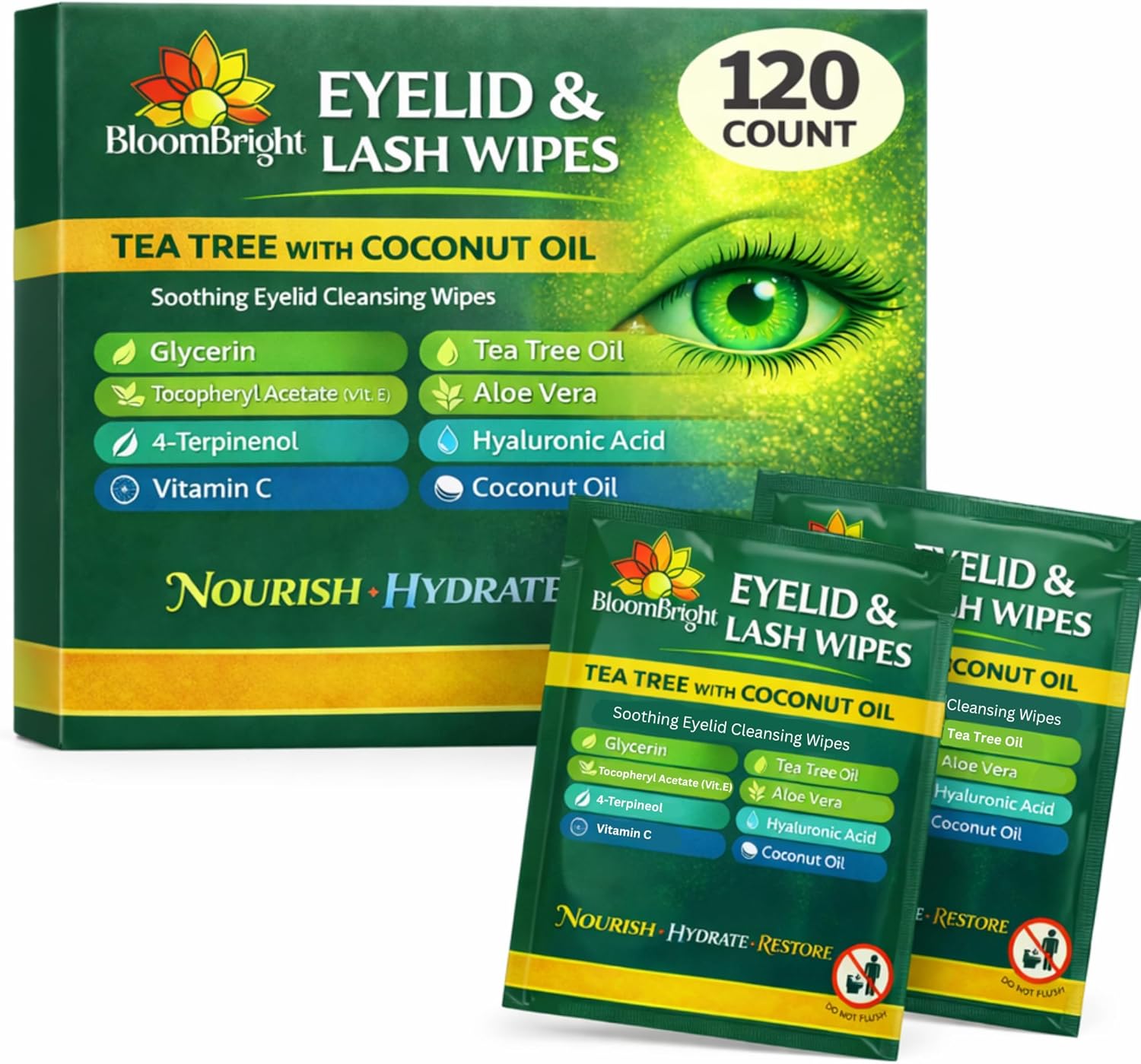 Eyelid & Lash Wipes with Tea Tree Oil, Aloe Vera & Hyaluronic Acid for Sensitive Eyes, Dry Eye Cleansing & Blepharitis Relief - 120 PCS - Image 1