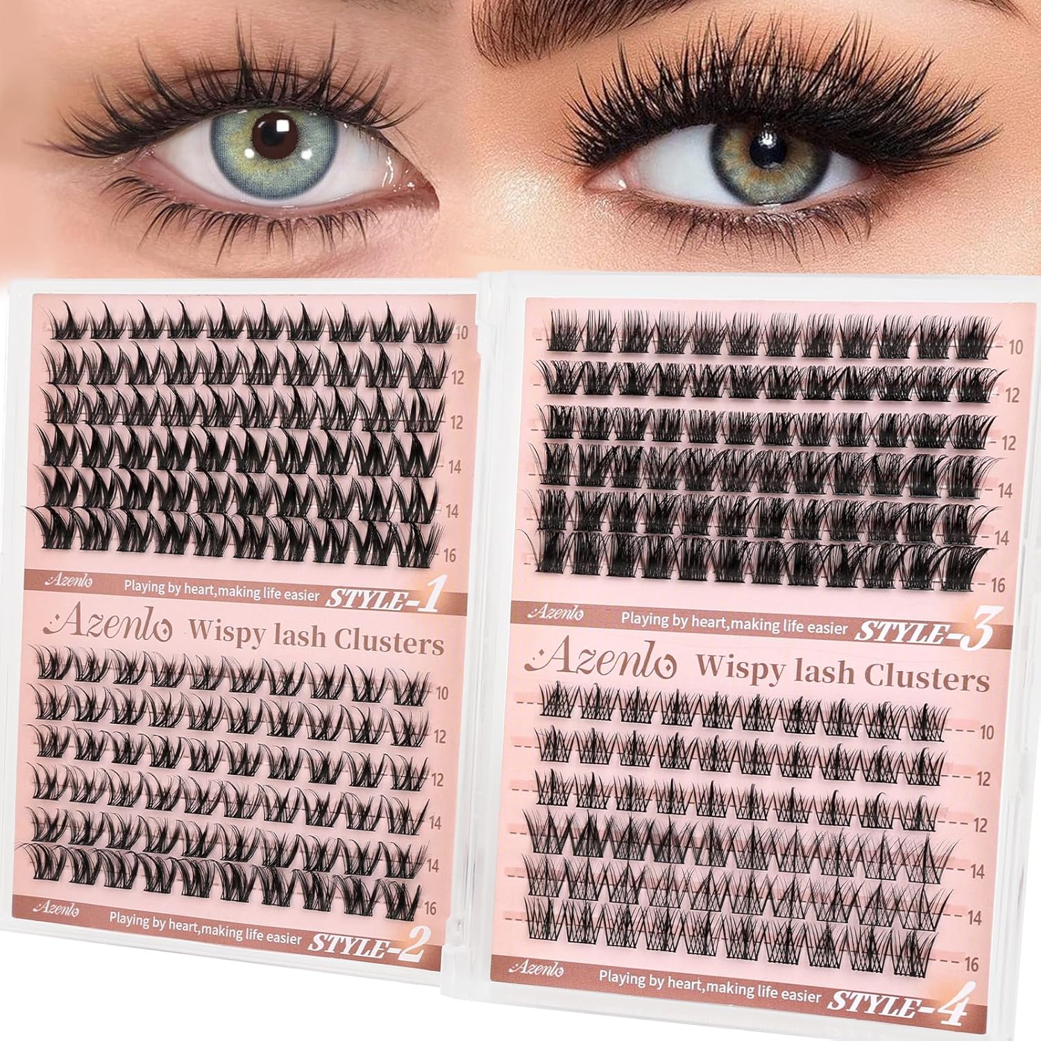 Azenlo Wispy Manga Lash Clusters front view showing four mixed styles tray.