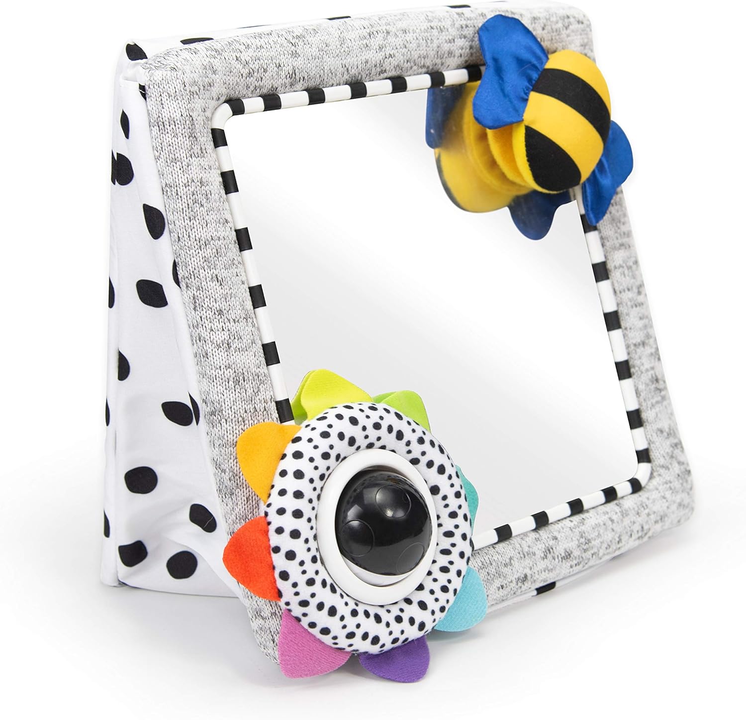 Sassy Tummy Time See Me Floor Mirror front view showing high contrast frame and spinning ball toy.