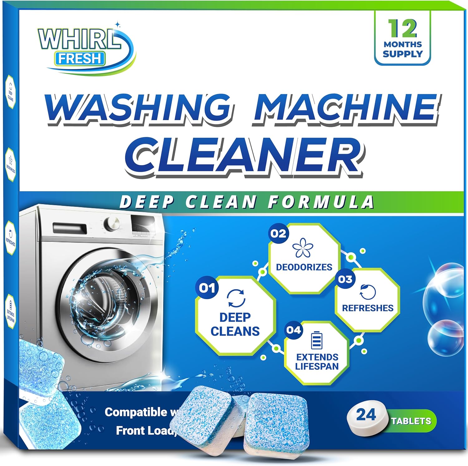 Whirl Fresh Washing Machine Cleaner Tablets 24 Pack front view deep cleaning descaler