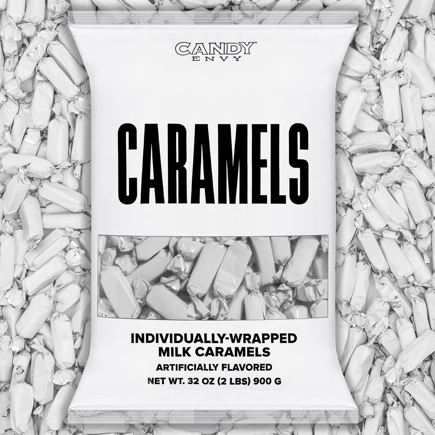 Candy Envy Individually Wrapped Caramels front view of bulk two pound bag.