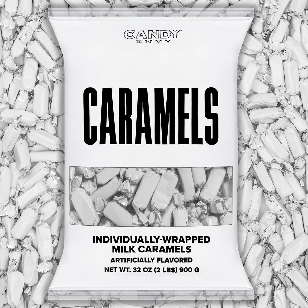 Candy Envy Individually Wrapped Caramels front view of bulk two pound bag.