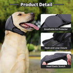 Side profile of dog wearing grey Lianzimau calming ear wrap