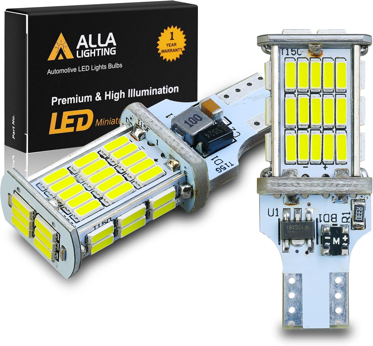 Alla Lighting T15 921 strobe LED bulbs front view showing forty-eight high power SMD chips.