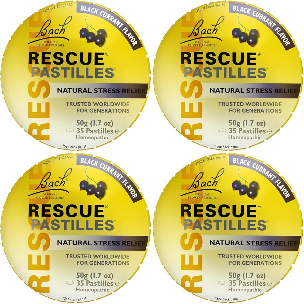 Bach Rescue Remedy Pastilles Black Currant tin front view for stress relief.