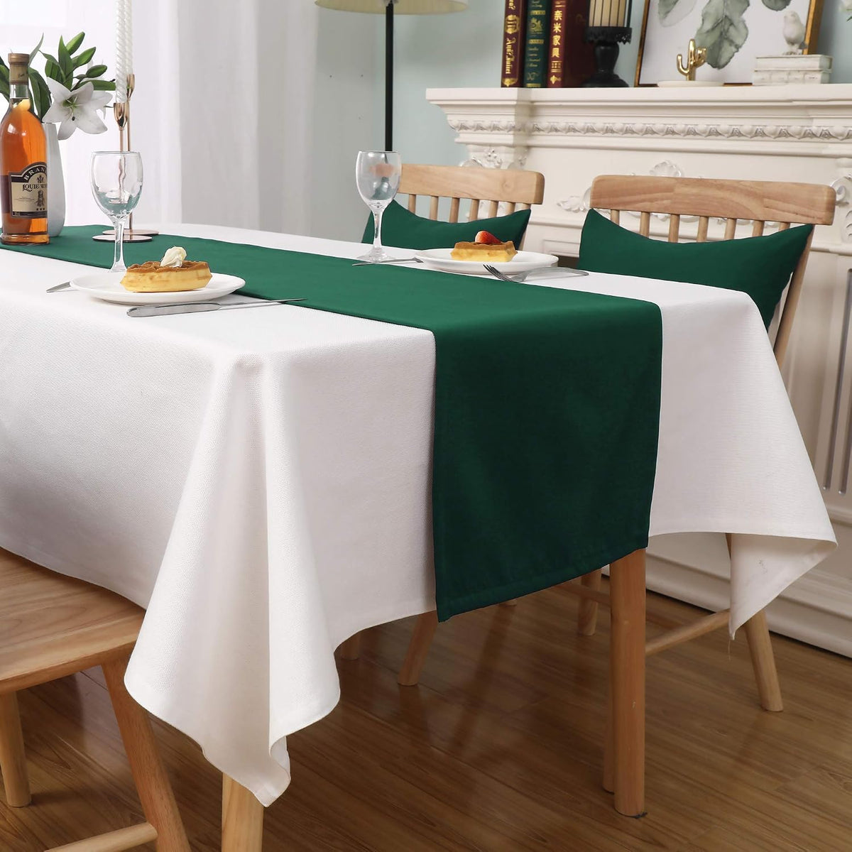 Handcrafted dark green table runner folded neatly