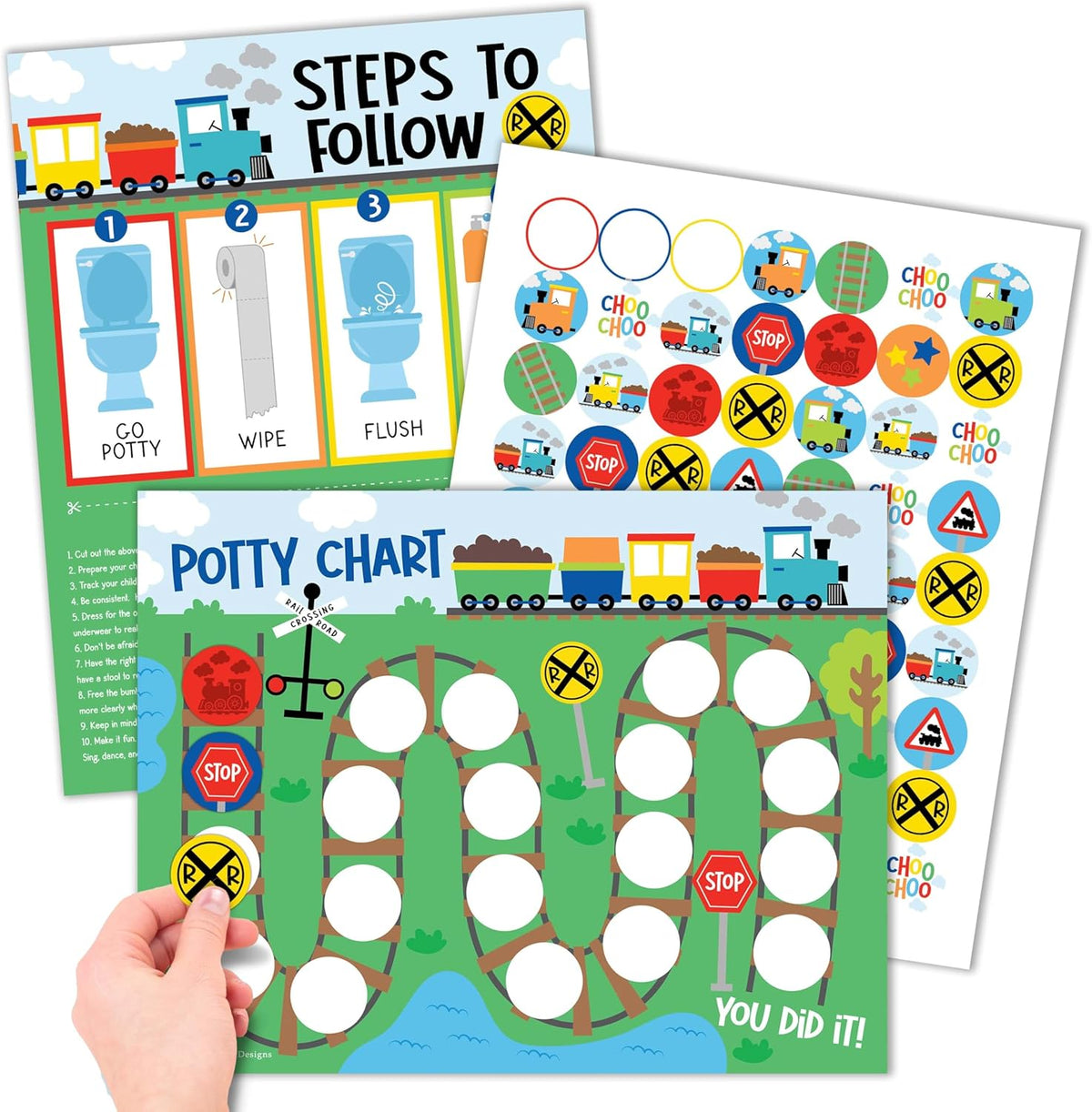 Hadley Designs train theme potty training chart for toddler boys front view showing reward posters.
