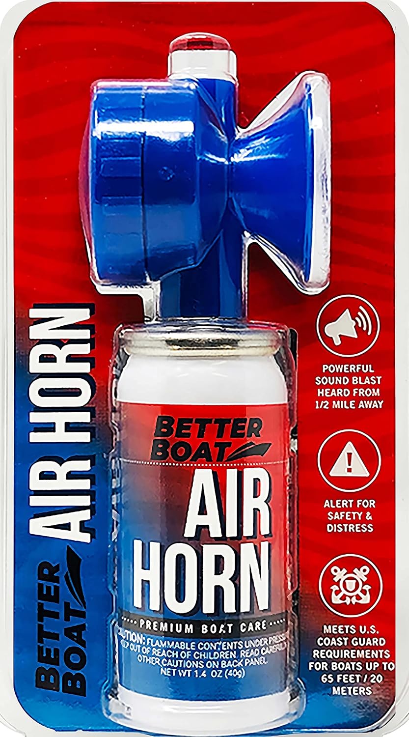 Better Boat air horn front view with blue nozzle and metal canister