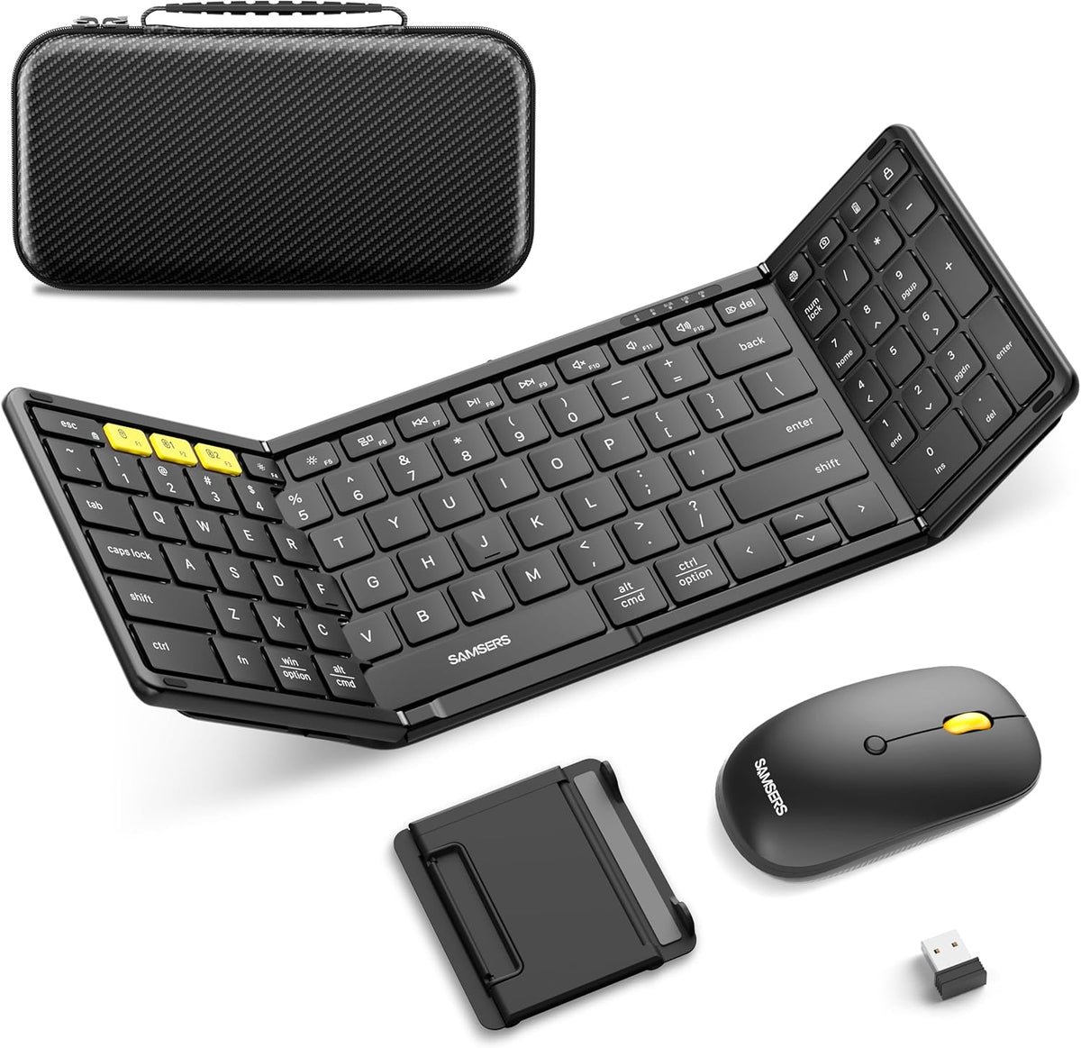 Samsers foldable keyboard and mouse combo front view unfolded with phone stand