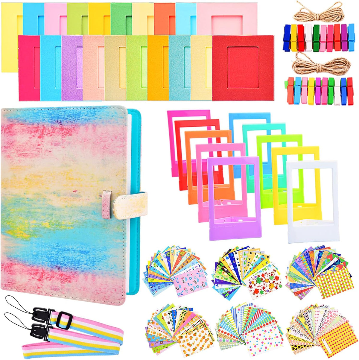 Zorbes Instax Mini accessories bundle kit front view showing the rainbow photo album and camera strap.