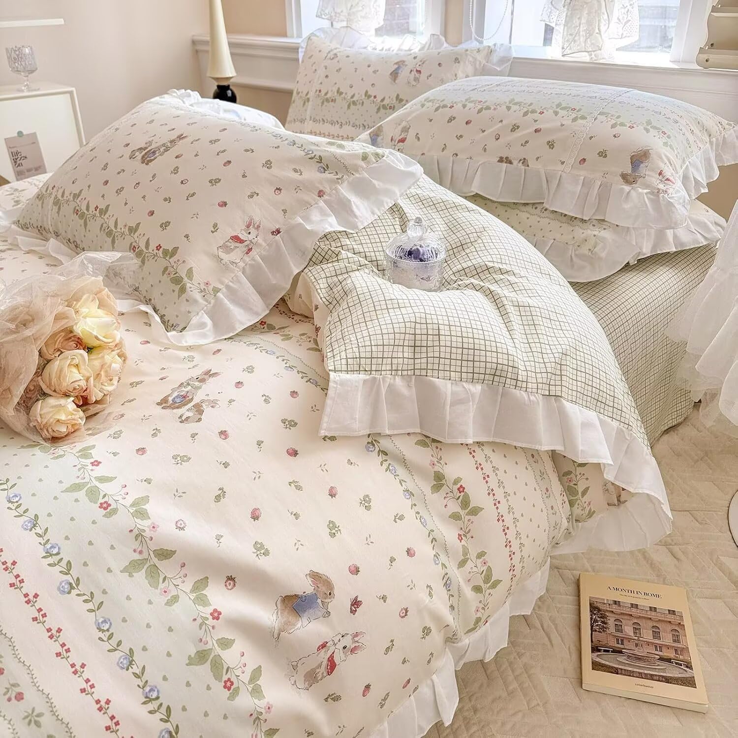 AMZTOP cute rabbits white ruffle duvet cover front view on full size bed