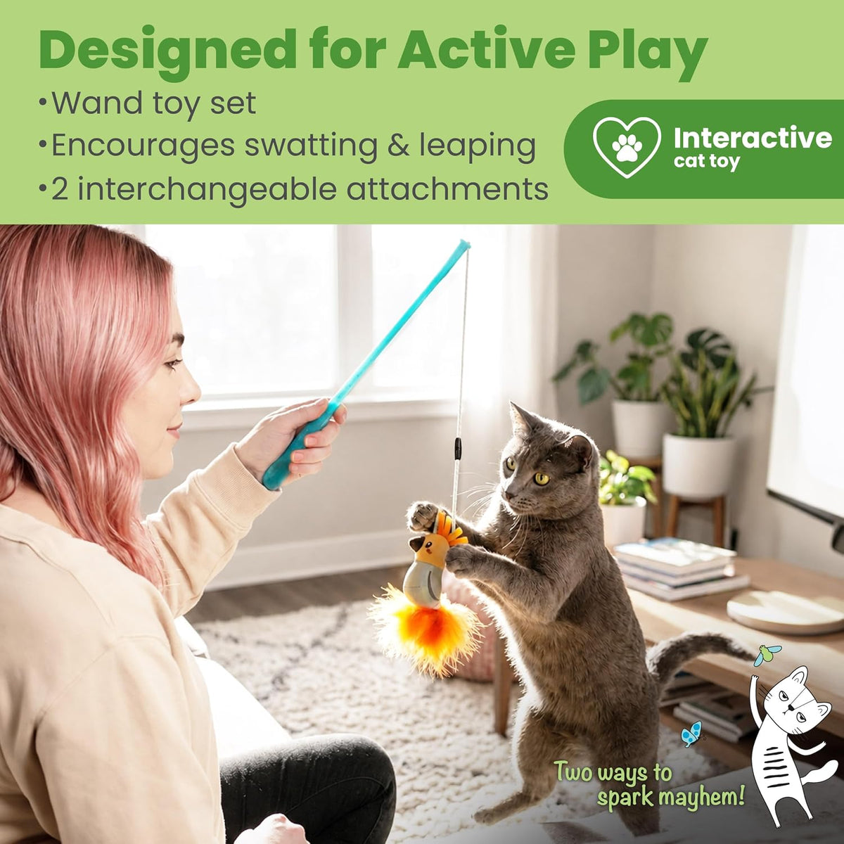 Catstages cat wand toy showing the stretchy cord and handle