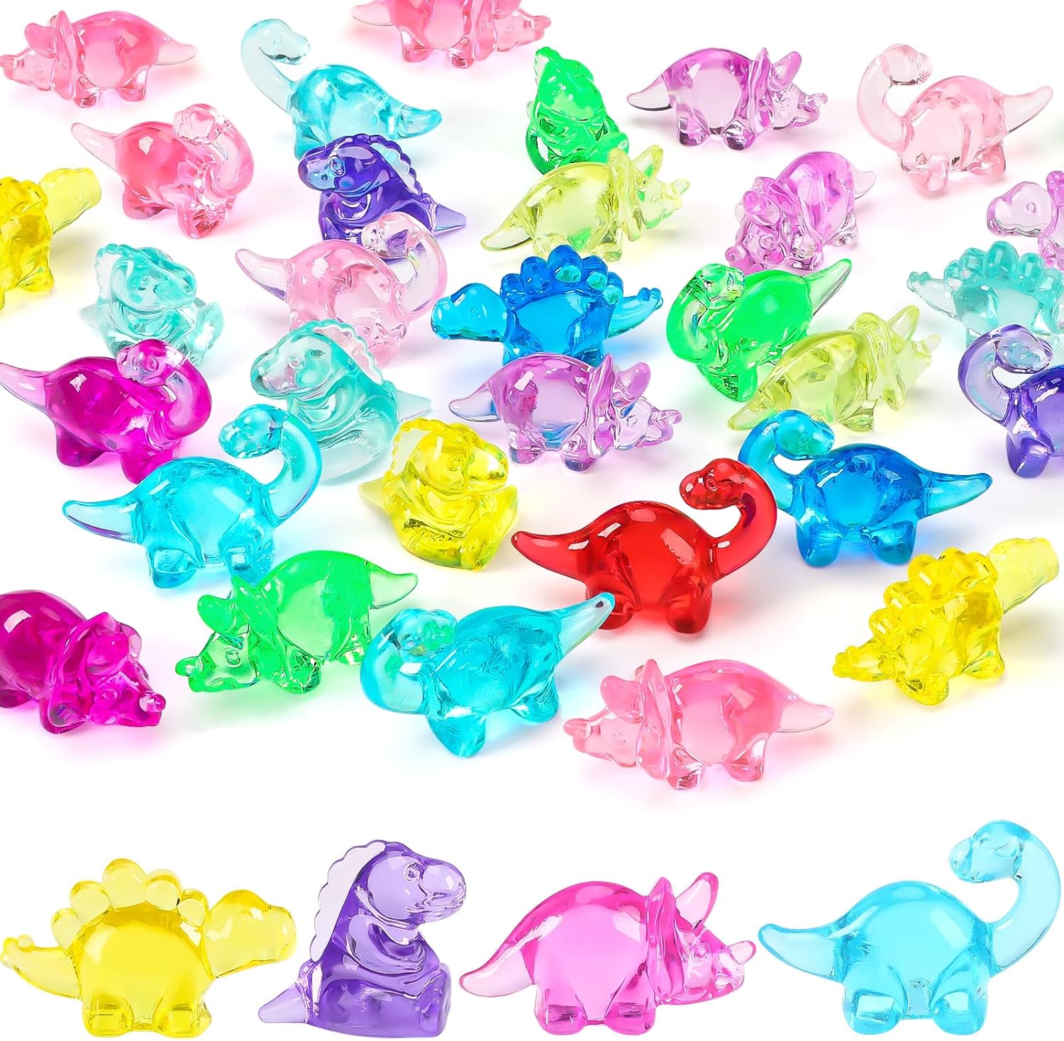 MARFOREVER Big Dinosaur Diving Gems Pool Toys front view showing thirty-six colorful forty-five millimeter large acrylic diamonds spilled on a poolside deck.