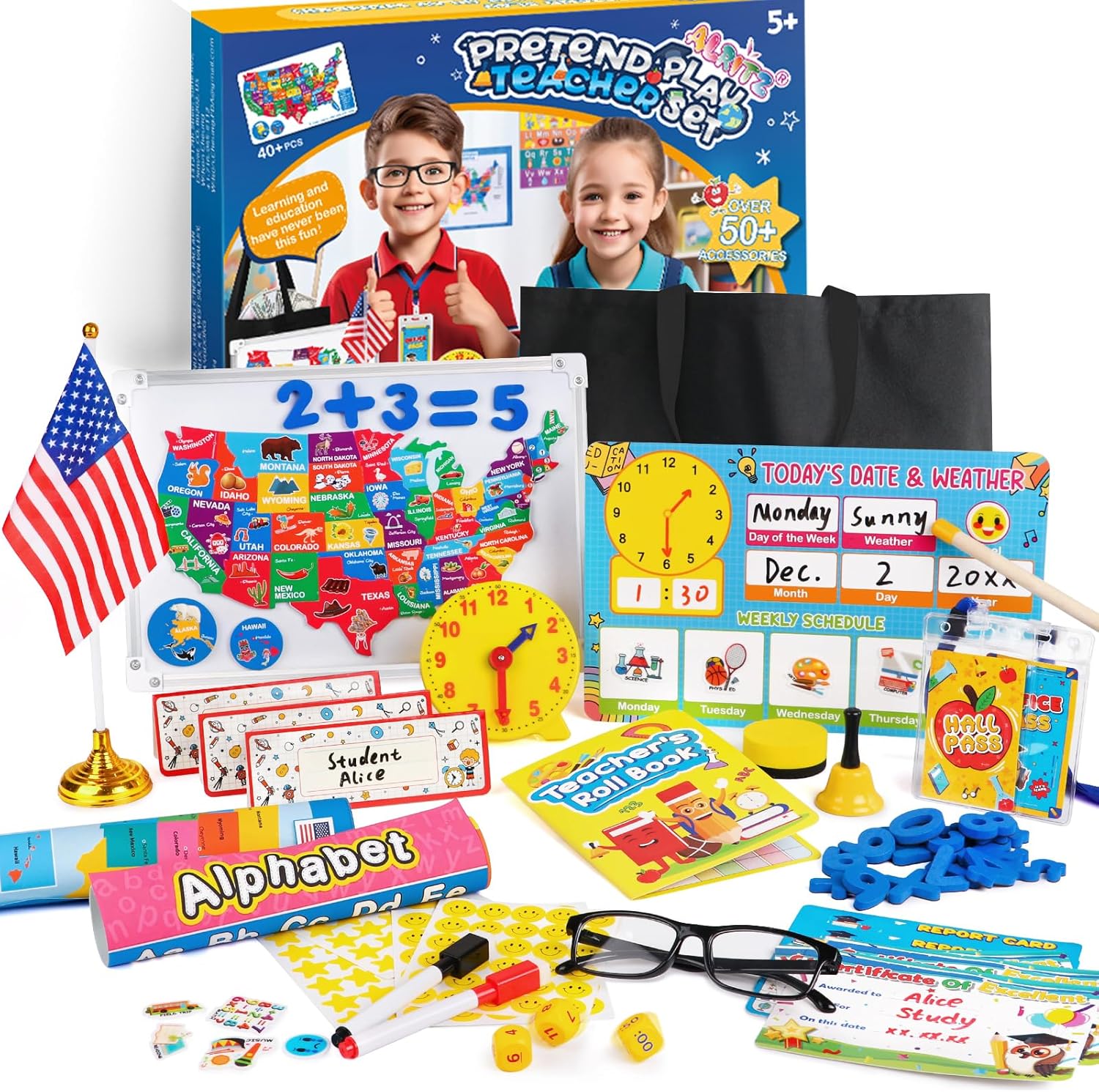 Alritz Pretend School Play Teacher Set front view showcasing the complete classroom learning kit package.