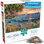 Buffalo Games Summertime 500 Piece Jigsaw Puzzle box front view showcasing coastal sunset artwork.