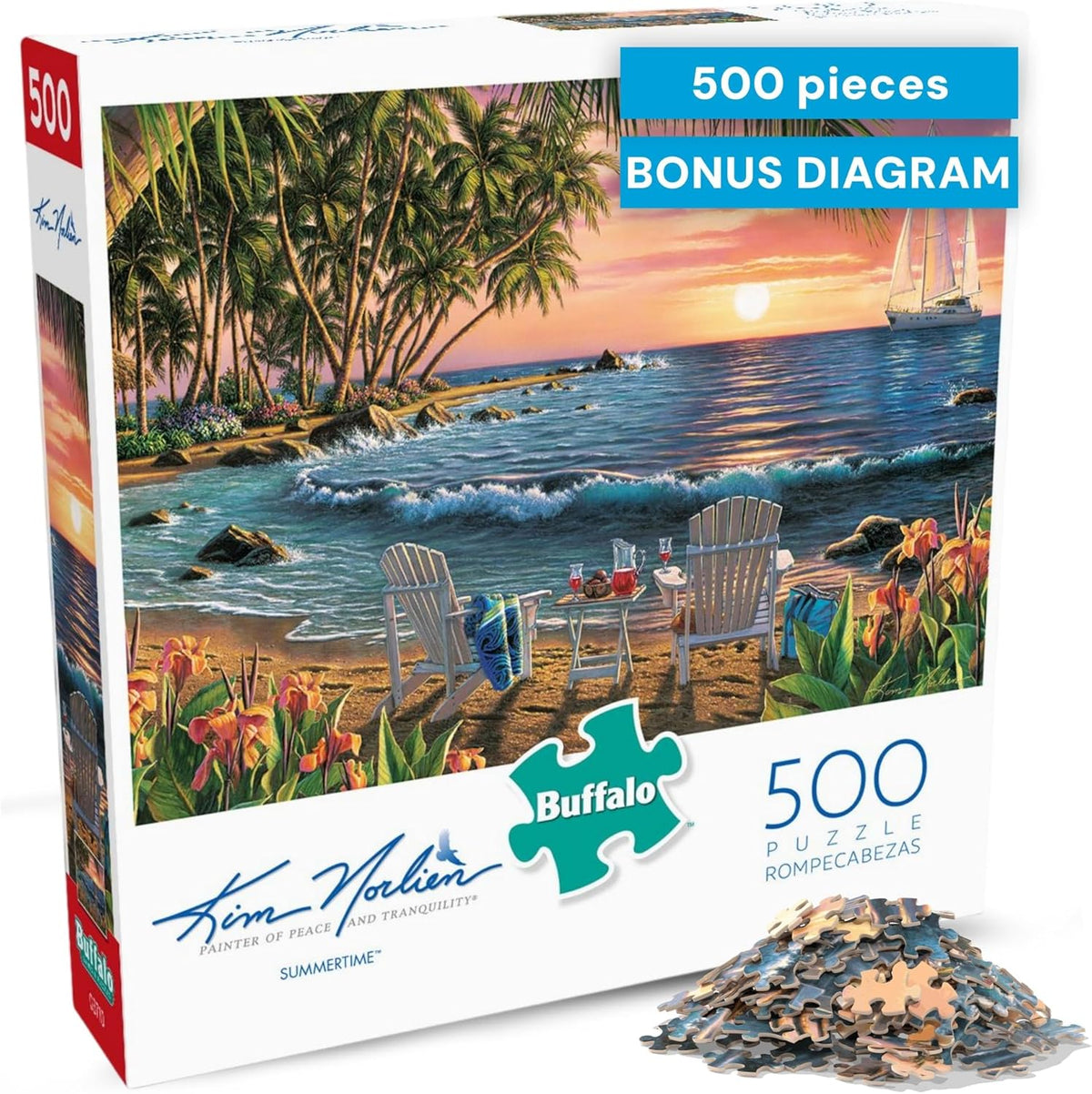 Buffalo Games Summertime 500 Piece Jigsaw Puzzle box front view showcasing coastal sunset artwork.