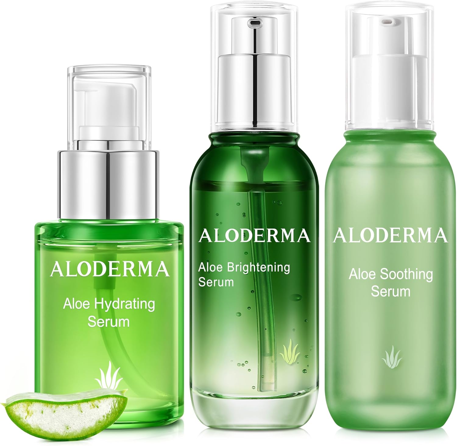 Aloderma Aloe Face Serums Set front packaging view highlighting the three diverse skincare bottles.