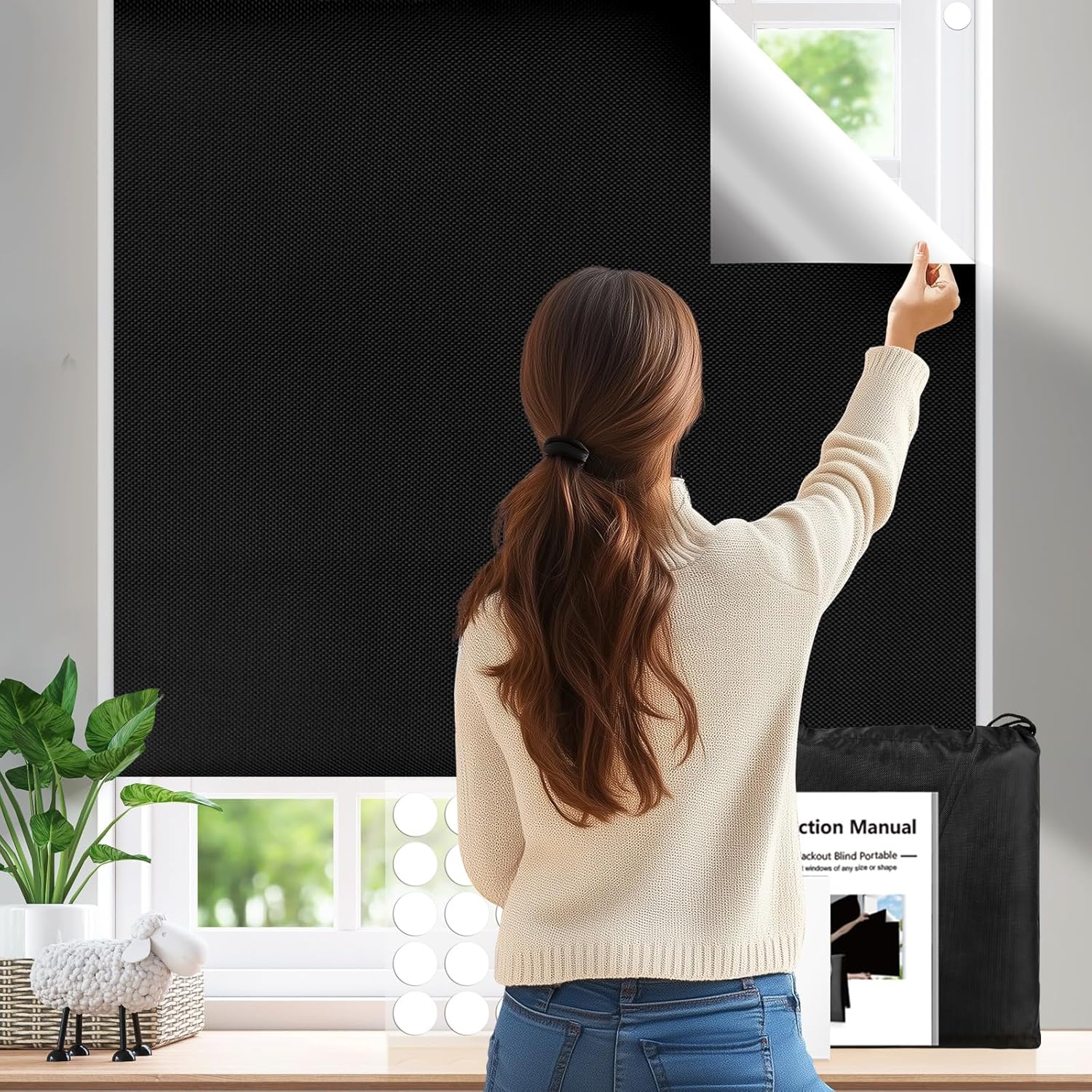 LUCKJOY Blackout Blinds Curtains front view showing textured black fabric for room darkening.